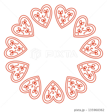 Whimsical vector illustration of a circular frame made of decorative folk style hearts. Cute hand drawn doodle design in red and white, perfect for Valentines Day cards, invitations, posters. 135968362