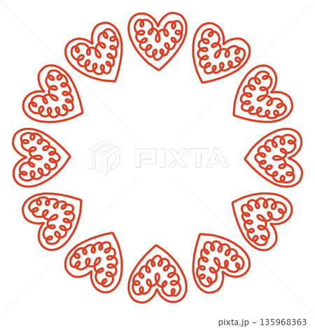 Whimsical vector illustration of a circular frame made of decorative folk style hearts. Cute hand drawn doodle design in red and white, perfect for Valentines Day cards, invitations, posters. 135968363