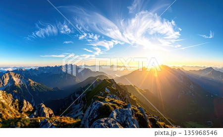 《AI画像》朝日に照らされる山頂 《AI画像》朝日に照らされる山頂 135968546