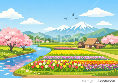 春の桜と芝桜のある風景のイラスト 春の桜と芝桜のある風景のイラスト 135968556