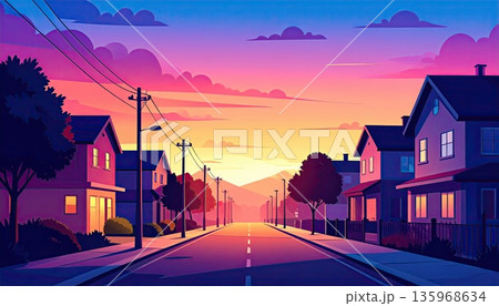 《AI画像》夕焼けの街並みの風景 135968634