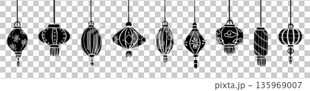 Chinese New Year lantern hanging ornaments in black silhouette on transparent background. Chinese New Year lantern hanging ornaments in black silhouette on transparent background. 135969007
