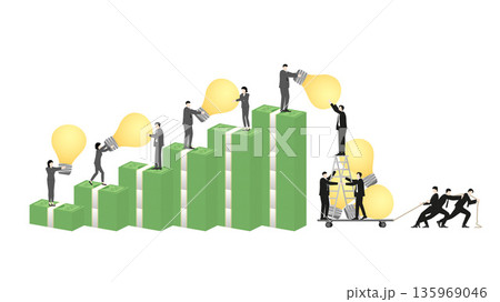 Corporate group collaborating in espionage to steal light bulb ideas and money for corruption concept Corporate group collaborating in espionage to steal light bulb ideas and money for corruption concept 135969046