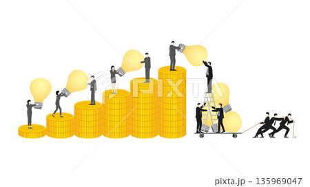 Organized business team stealing light bulb ideas and gold coins for corporate espionage and corruption 135969047