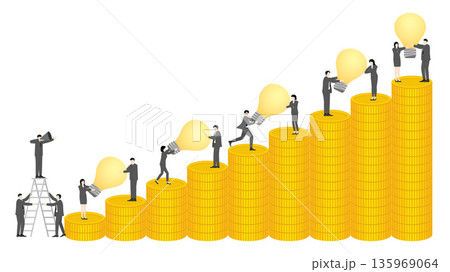 Business Leader with Megaphone Guiding Team to Move Idea Lightbulbs Up Gold Coin Staircase for Strategic Wealth Building and Investment Success Concept 135969064