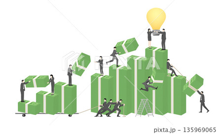 Business Team Working Together to Build Money Stacks with Creative Idea Lightbulb Concept for Financial Growth and Success 135969065