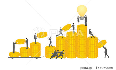 Business Team Working Together to Build Wealth with Gold Coin Stacks and Creative Idea Lightbulb for Investment Success and Financial Growth Concept 135969066