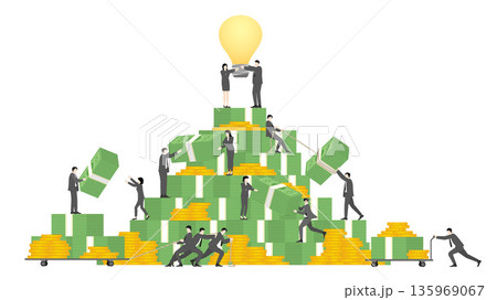 Large Business Team Collaborating to Build a Giant Wealth Pyramid with Money Stacks, Gold Coins, and Creative Idea Lightbulb for Maximum Success Concept 135969067