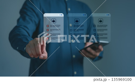 Businessman using smartphone and select virtual checklist interface, representing digital task management, online survey, or productivity technology, project planning, and data organization concepts. Businessman using smartphone and select virtual checklist interface, representing digital task management, online survey, or productivity technology, project planning, and data organization concepts. 135969100