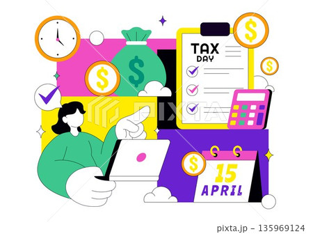 Happy Tax Day Vector Illustration On 15 April With Clipboard Tax Form, Clock, Pen, Coin Money, Paper Document For Bill Payment Flat Background Happy Tax Day Vector Illustration On 15 April With Clipboard Tax Form, Clock, Pen, Coin Money, Paper Document For Bill Payment Flat Background 135969124