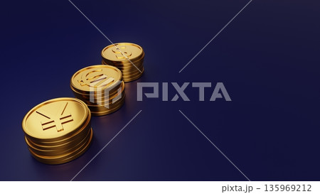 ネイビー背景の左側の円・ユーロ・ドル金貨と右側の余白 信頼ある国際金融・分散投資・安定した資産運用の ネイビー背景の左側の円・ユーロ・ドル金貨と右側の余白 信頼ある国際金融・分散投資・安定した資産運用の 135969212