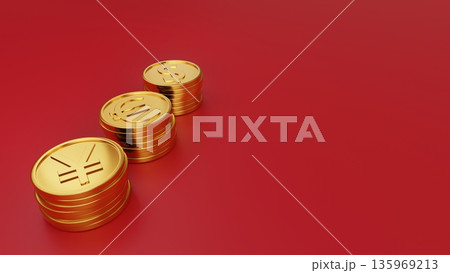 赤い背景の左側の円・ユーロ・ドル金貨と右側の余白 積極的な海外投資・金運・経済成長のイメージ 135969213