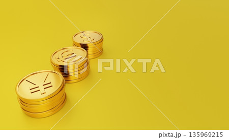 黄色の背景の左側の円・ユーロ・ドル金貨と右側の余白 繁栄・金運・ポジティブな分散投資のイメージ 135969215