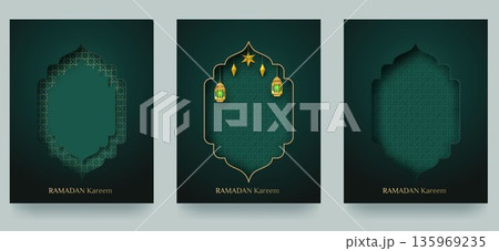 A set of Ramadan Kareem greeting cards. A pattern with cut-out Arabic windows in Islamic style, traditional gradient design. Suitable for greeting cards, banners, and advertising A set of Ramadan Kareem greeting cards. A pattern with cut-out Arabic windows in Islamic style, traditional gradient design. Suitable for greeting cards, banners, and advertising 135969235
