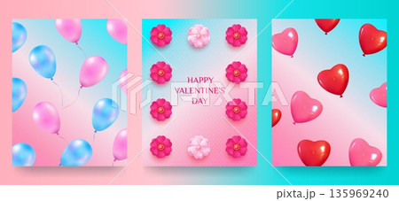 Happy Valentine s Day A set of greeting cards with balloons, flowers, and a gradient background 135969240