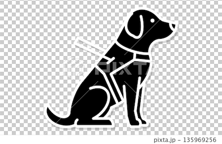 盲導犬のアイコン：視覚障害者の歩行を支えるパートナー、ハーネスをつけた盲導犬のピクトグラム 135969256