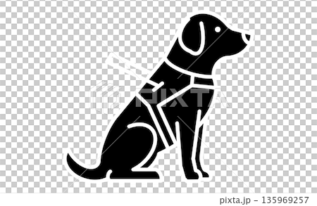 導盲犬圖示：一隻配戴背帶的導盲犬的象形圖，導盲犬是幫助視障人士行走的夥伴。 135969257