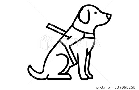 盲導犬のアイコン：視覚障害者の歩行を支えるパートナー、ハーネスをつけた盲導犬のピクトグラム 135969259