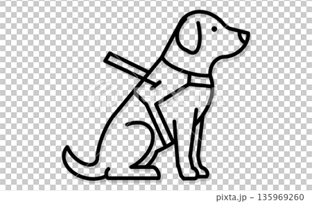 盲導犬のアイコン：視覚障害者の歩行を支えるパートナー、ハーネスをつけた盲導犬のピクトグラム 135969260