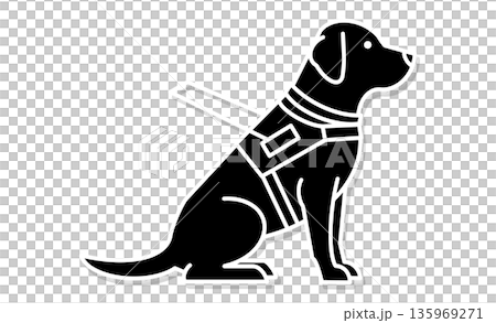 盲導犬のアイコン：視覚障害者の歩行を支えるパートナー、ハーネスをつけた盲導犬のピクトグラム 135969271