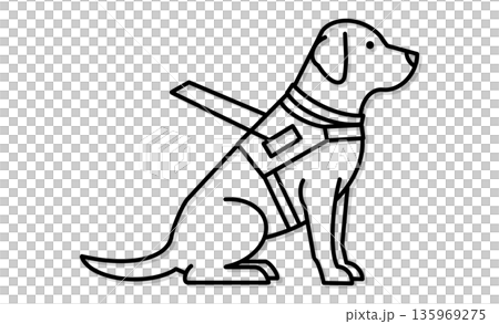 盲導犬のアイコン：視覚障害者の歩行を支えるパートナー、ハーネスをつけた盲導犬のピクトグラム 135969275