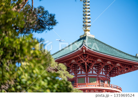 成田山新勝寺と空を飛ぶ旅客機、日本の伝統と現代が交差する風景 135969524