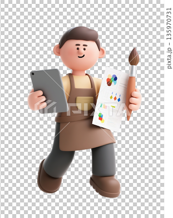 3D cartoon artist character holding tablet, paintbrush, and color chart, isolated on white background 135970731