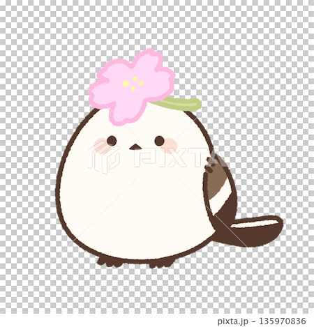 桜の花を頭にのせたシマエナガ 135970836