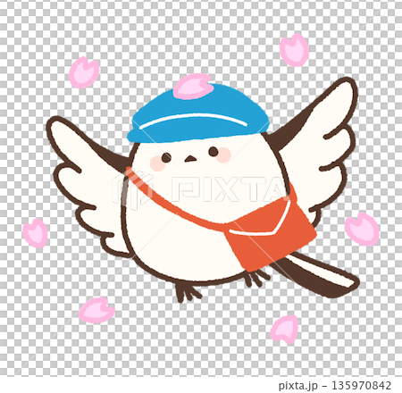 一隻長尾山雀拍打著翅膀，送來櫻花花瓣。 135970842