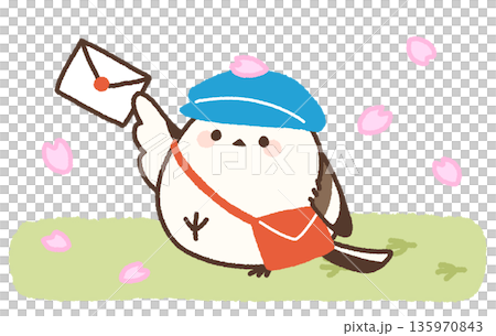 一隻長尾山雀銜著一封信，沿著櫻花飄落的道路走去遞送信件。 135970843