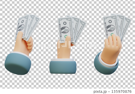 3D Cartoon Hand Holding Multiple US One Dollar Bills 135970876