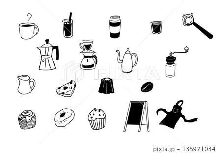 手書きのコーヒーとカフェのアイコンセット　バリスタ器具とスイーツ　線画素材 135971034