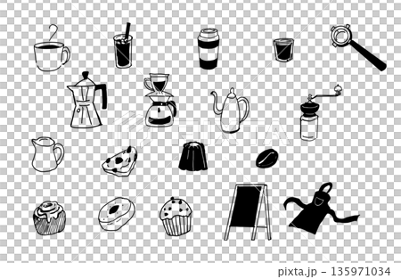 手繪咖啡和咖啡館圖標集，包括咖啡師設備和甜點，線條藝術 135971034