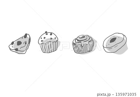 手書きの焼き菓子とパンのイラストセット カフェスイーツ 線画素材 手書きの焼き菓子とパンのイラストセット カフェスイーツ 線画素材 135971035