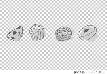 手書きの焼き菓子とパンのイラストセット カフェスイーツ 線画素材 手書きの焼き菓子とパンのイラストセット カフェスイーツ 線画素材 135971035