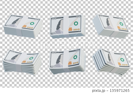 Bundle of 100 US dollar banknotes in cartoon 3D style 135971265