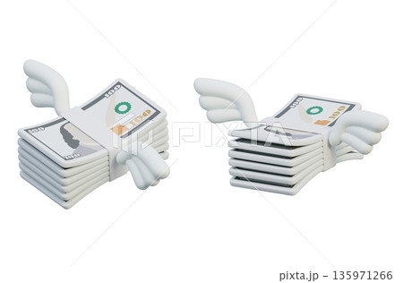 Flying bundle of 100 US dollar banknotes with wings in cartoon 3D style Flying bundle of 100 US dollar banknotes with wings in cartoon 3D style 135971266