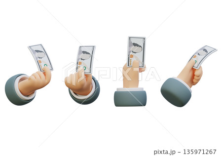 Human hand holding single 100 US dollar banknote in cartoon 3D style 135971267