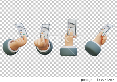 Human hand holding single 100 US dollar banknote in cartoon 3D style 135971267