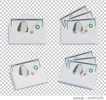 100 US dollar banknotes in white paper envelope in cartoon 3D style 135971270