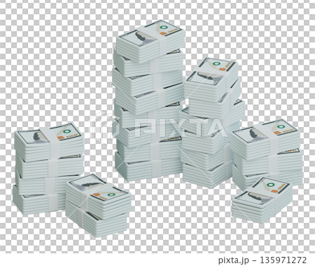 Large pile of stacked 100 US dollar banknote bundles in cartoon 3D style 135971272