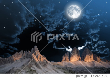 night landscape with stars and moon, milky way and galaxy in the mountains. beautiful nature background. 135971429