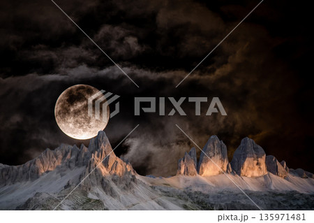 night landscape with stars and moon, milky way and galaxy in the mountains. beautiful nature background. night landscape with stars and moon, milky way and galaxy in the mountains. beautiful nature background. 135971481
