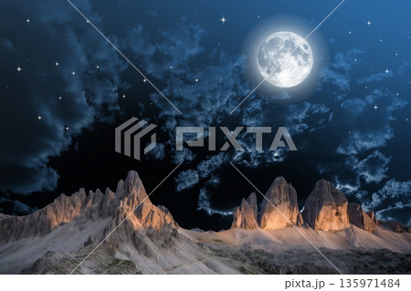 night landscape with stars and moon, milky way and galaxy in the mountains. beautiful nature background. night landscape with stars and moon, milky way and galaxy in the mountains. beautiful nature background. 135971484
