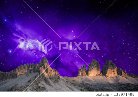 night landscape with stars and moon, milky way and galaxy in the mountains. beautiful nature background. night landscape with stars and moon, milky way and galaxy in the mountains. beautiful nature background. 135971499