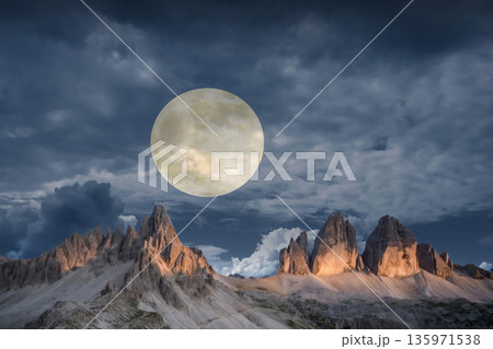 night landscape with stars and moon, milky way and galaxy in the mountains. beautiful nature background. 135971538