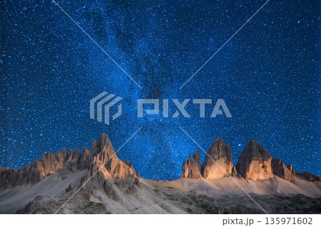 night landscape with stars and moon, milky way and galaxy in the mountains. beautiful nature background. 135971602