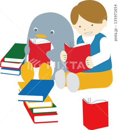 読書を楽しむ男の子とペンギンのイラスト 135971654