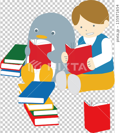 Illustration of a boy and penguin enjoying reading Illustration of a boy and penguin enjoying reading 135971654