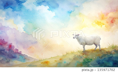 夕暮れの丘に立つ羊の水彩スケッチ 135971702